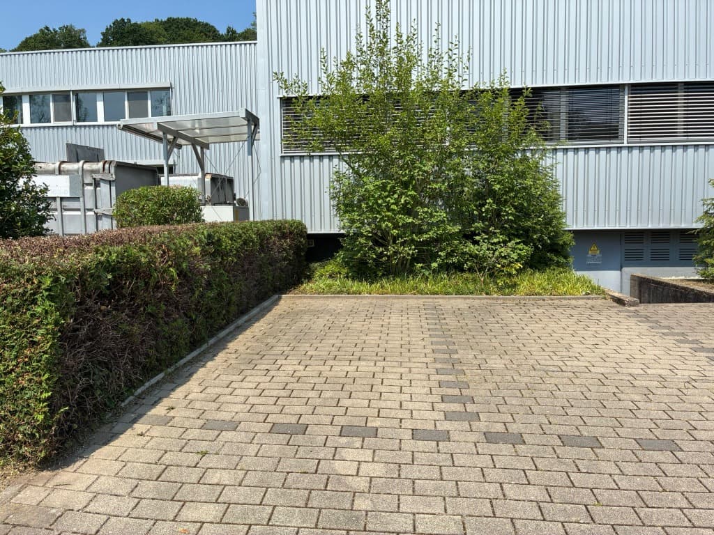 Van Hees – Außenanlage mit Hecken und Gebäude